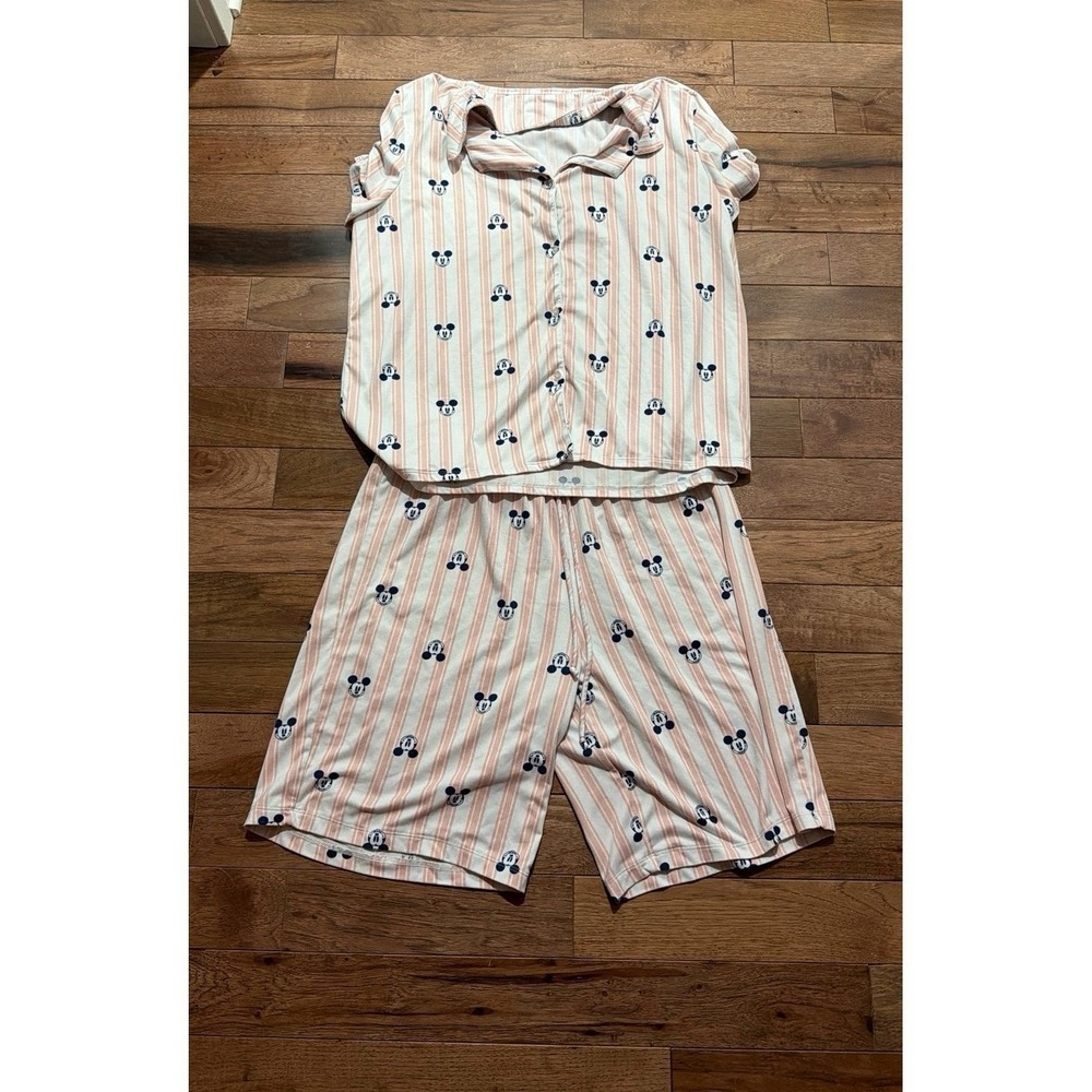 Mickey Mouse Pink White Stripped Pajamas Set Shorts Top Medium